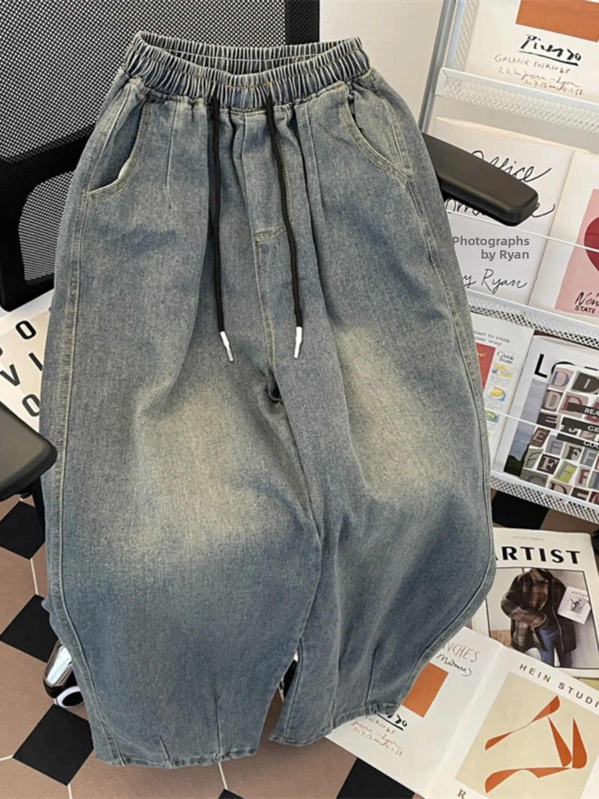 American Style Elastic Waist Denim Jeans Mens Vintage Loose Wide Leg Long Pants Spring Autumn Casual Straight Cut Fit 261017