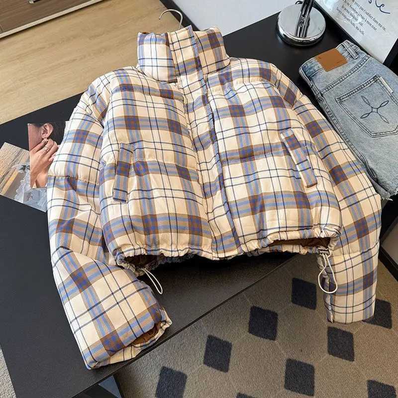 Women's Down Parkas Women's 2026 Autumn Winter Slouchy Color Block Plaid Stand Collar Quilted Puffer Jacket Cropped Warm Chic Coquette Tre
