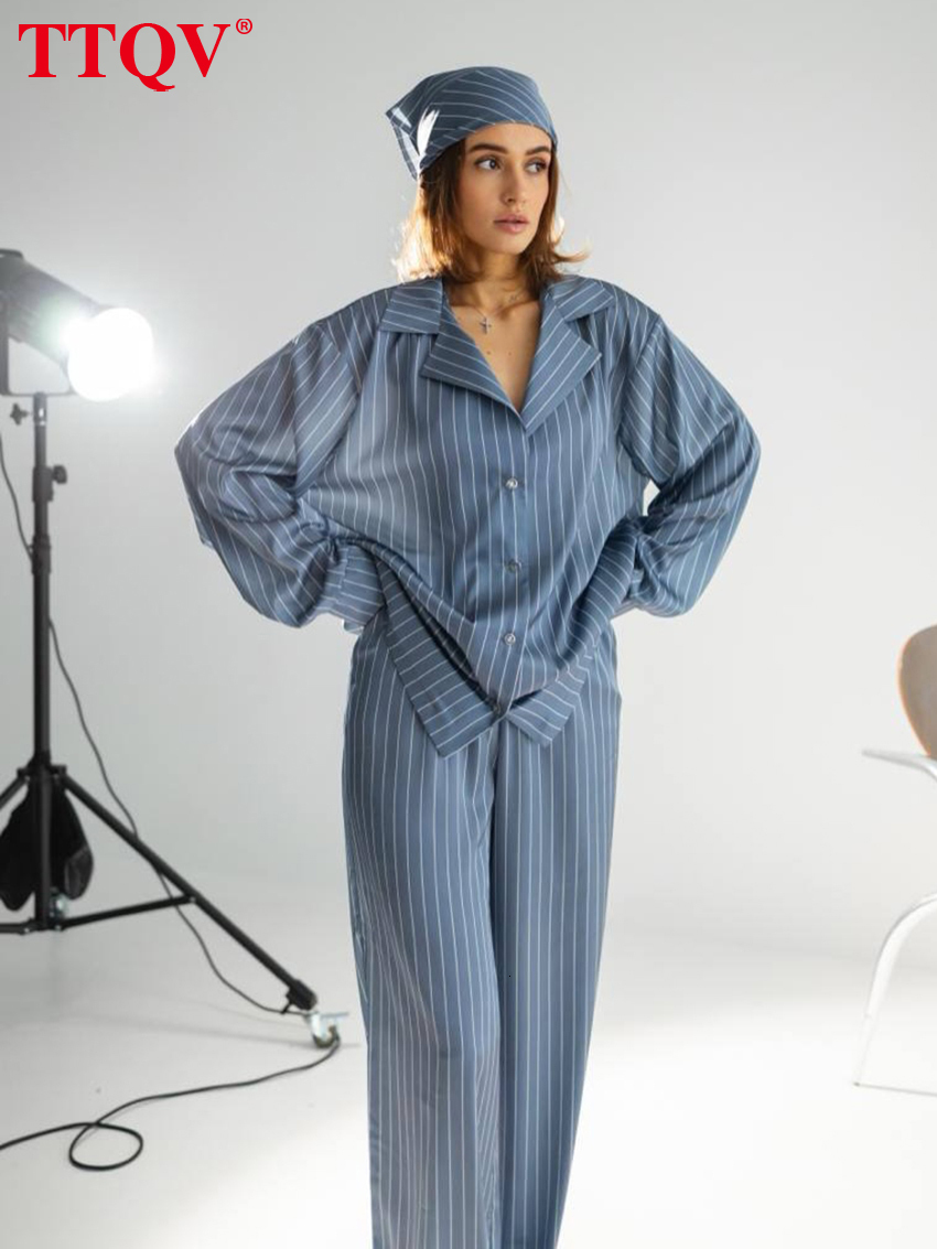 2026 Fashion Loose Stripe Print Home 2 Piece Sets Women 2027 Elegant Long Sleeve Blouse With High Waist Wide Pants Set Female