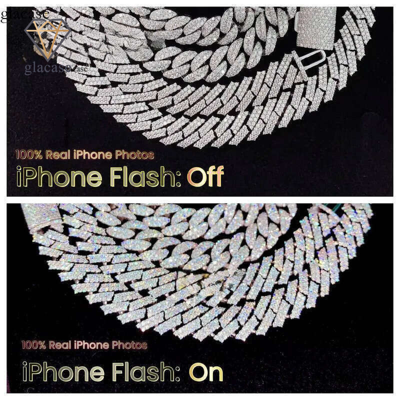 Ready Stocks 12mm Prong Moon Shape Soldier Chain Moissanite Bracelet Necklace Custom Hip Hop Dia Cuban Links