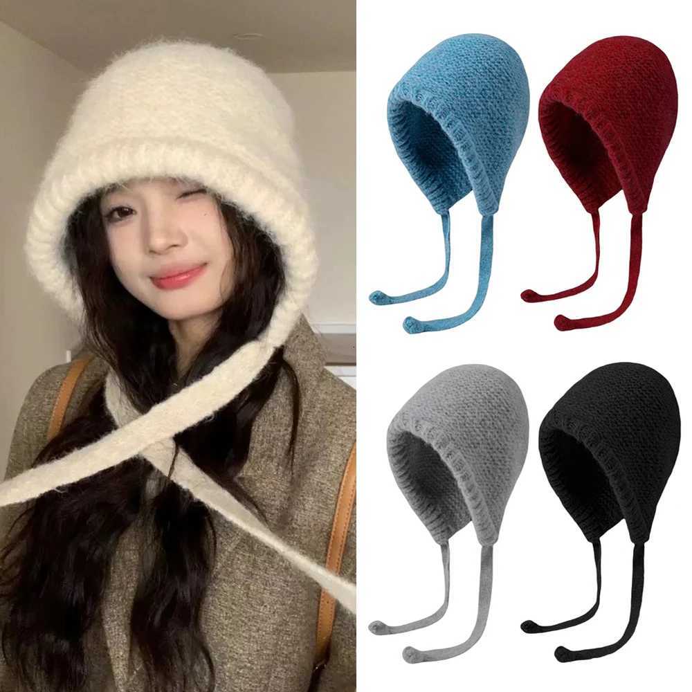Beanie/Skull Caps Y2K Knitted Cap Fashion Winter Warm Long Strap Ear Protection Hat Japanese Niche Beanie Hat Girl Windproof Rope Wool Bag Hat Q2610
