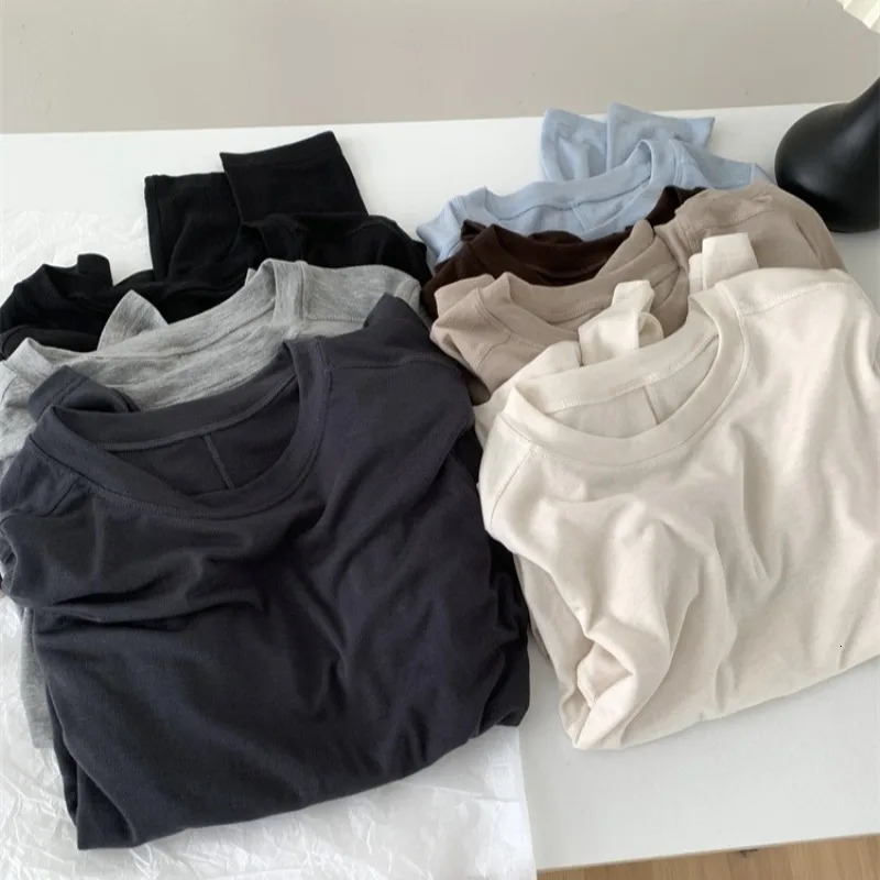 Silk Wool Splice Long Sleeve T-shirt Women Spring Summer Thin Soft Waxy Fit Solid Color Backing Top 261015