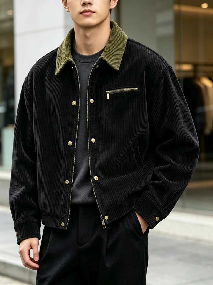 Men Corduroy Jacket Contrast Color Collar Front Zipper Button Design Casual Long Sve Trucker Coat for Autumn Daily Wear S261017MIX2