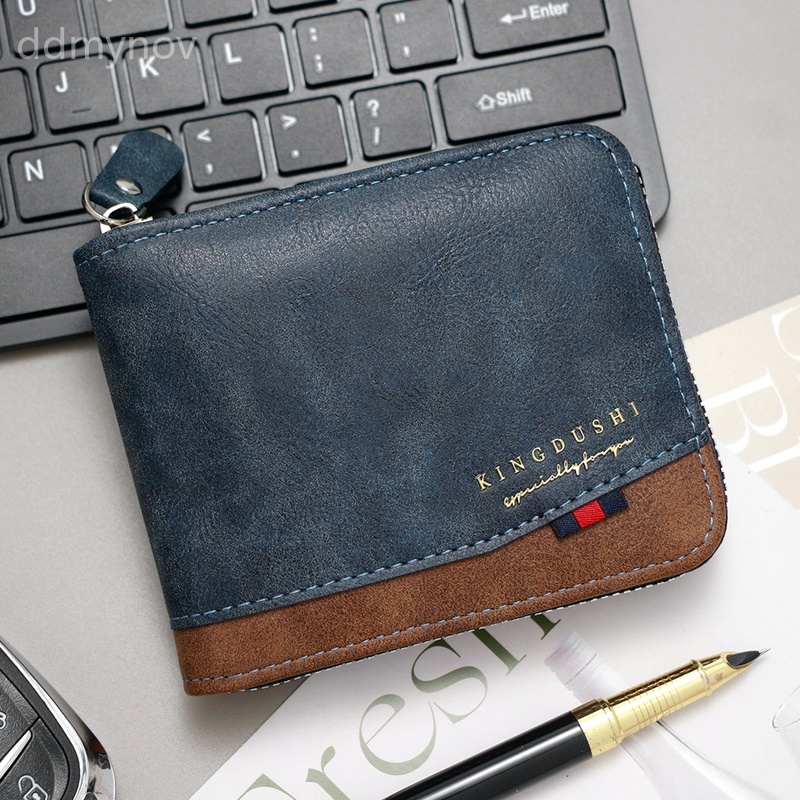 Men's PU Leather Zipper Wallet Short Bifold Multi Card Slots Vintage Style