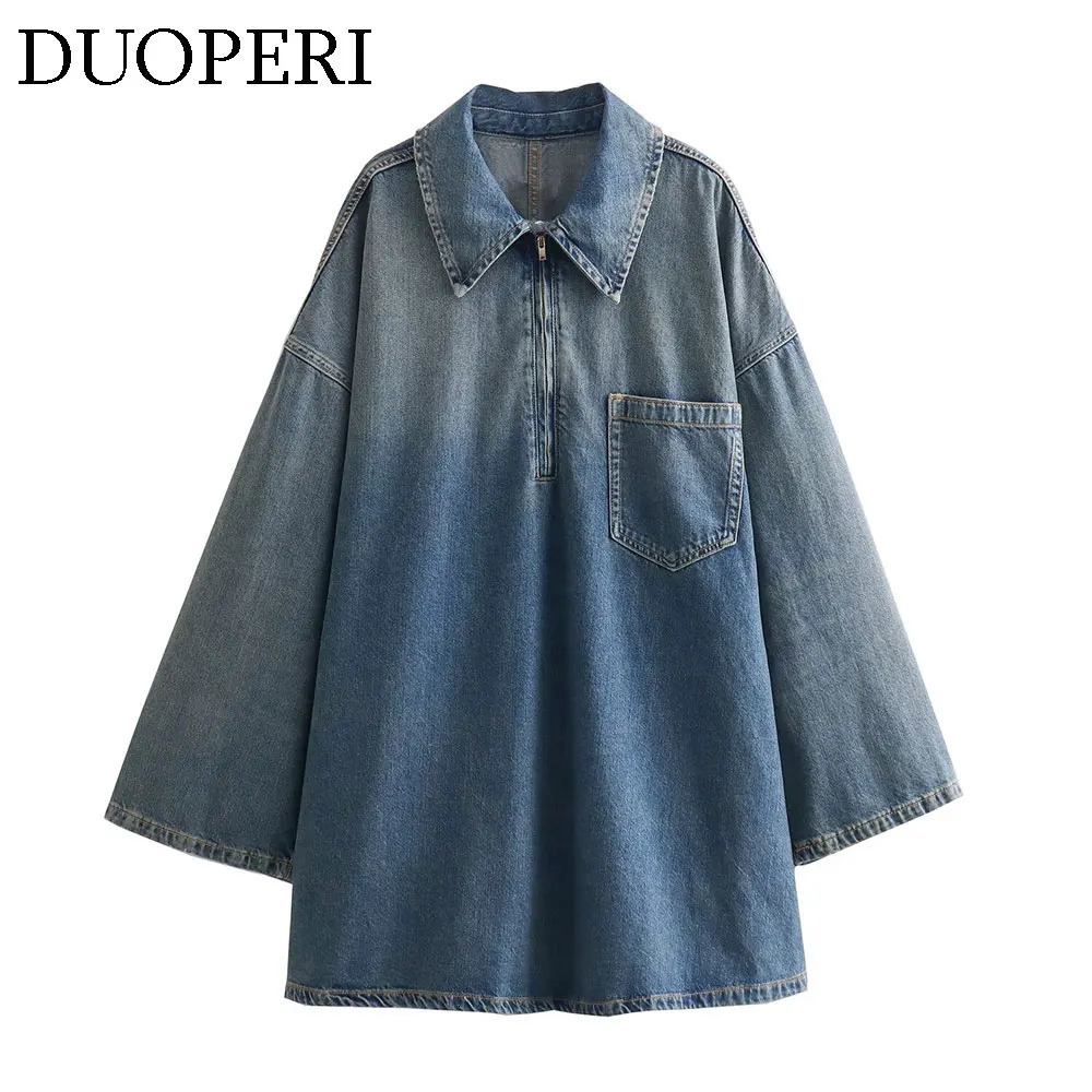DUOPERI Women Fashion Solid Denim Dress Long Sleeves Female Chic Lady Casual Loose Short Dress 261015