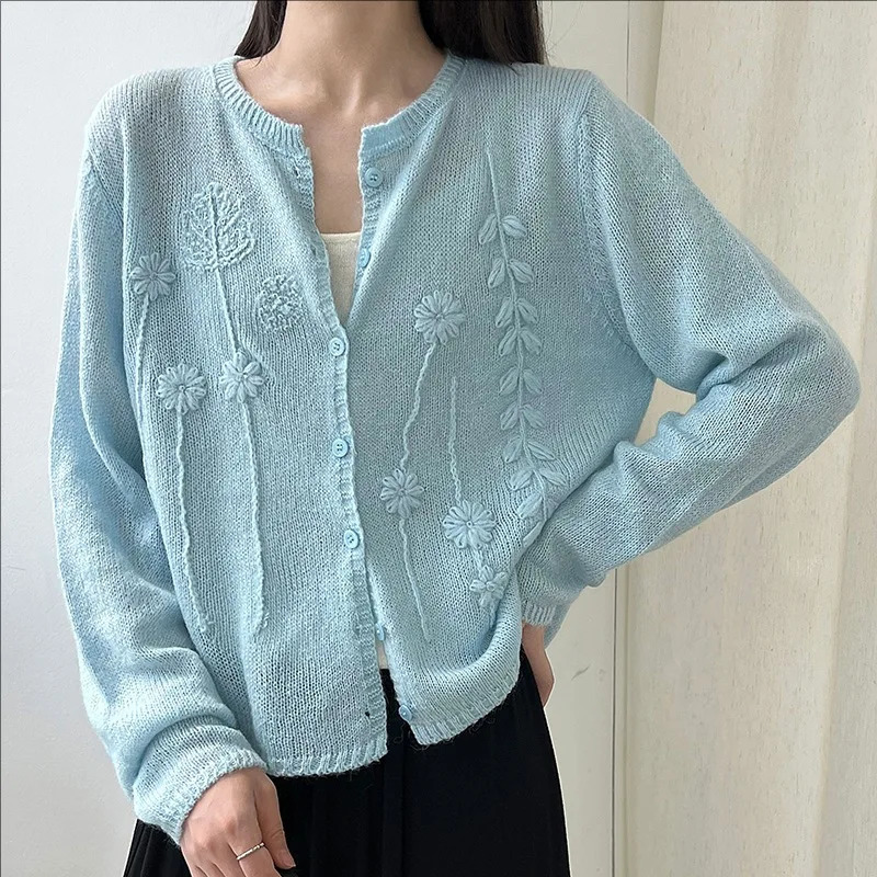 Autumn casual long sleeve embroidered wool knitted sweater women's cardigan coat 261015