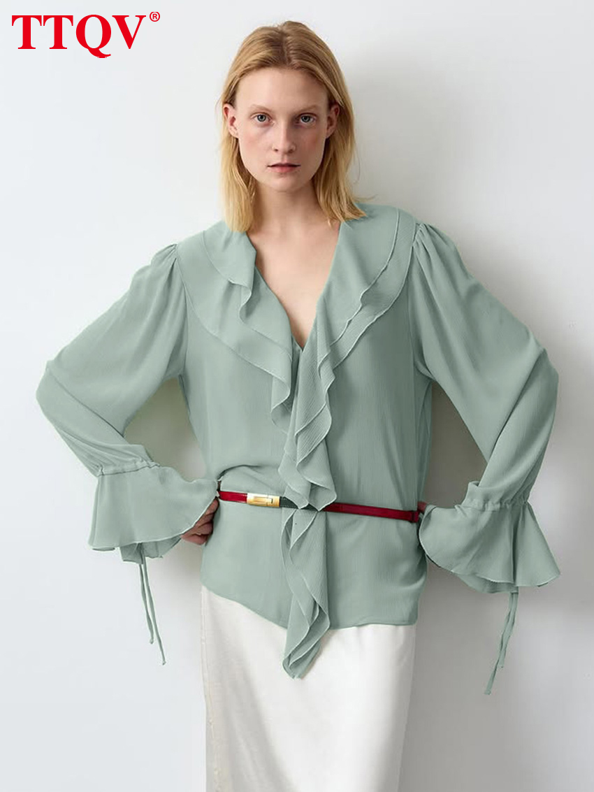 Fashion Loose Green Women's Shirt 2026 Autumn V-Neck Long Sleeve Lady Shirts Elegant Classic Solid Top Female Clothing