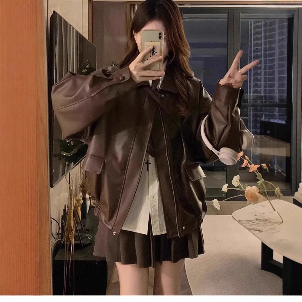 Meridian Brown Biker Leather Jacket Female Spring and Fall American Retro Windproof Pu Jacket 261016
