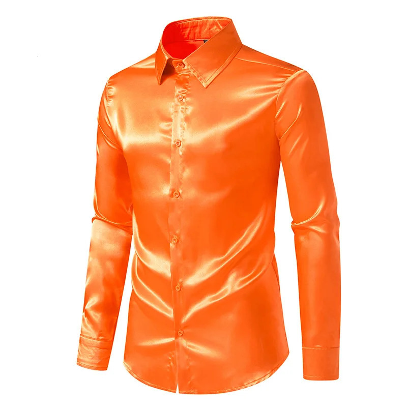 Blue Orange Red Black White Yellow Satin Silk Shirt Mens Casual Party Wedding Long Sleeve Dress Shirts Nightclub Fashion Blouse 261015