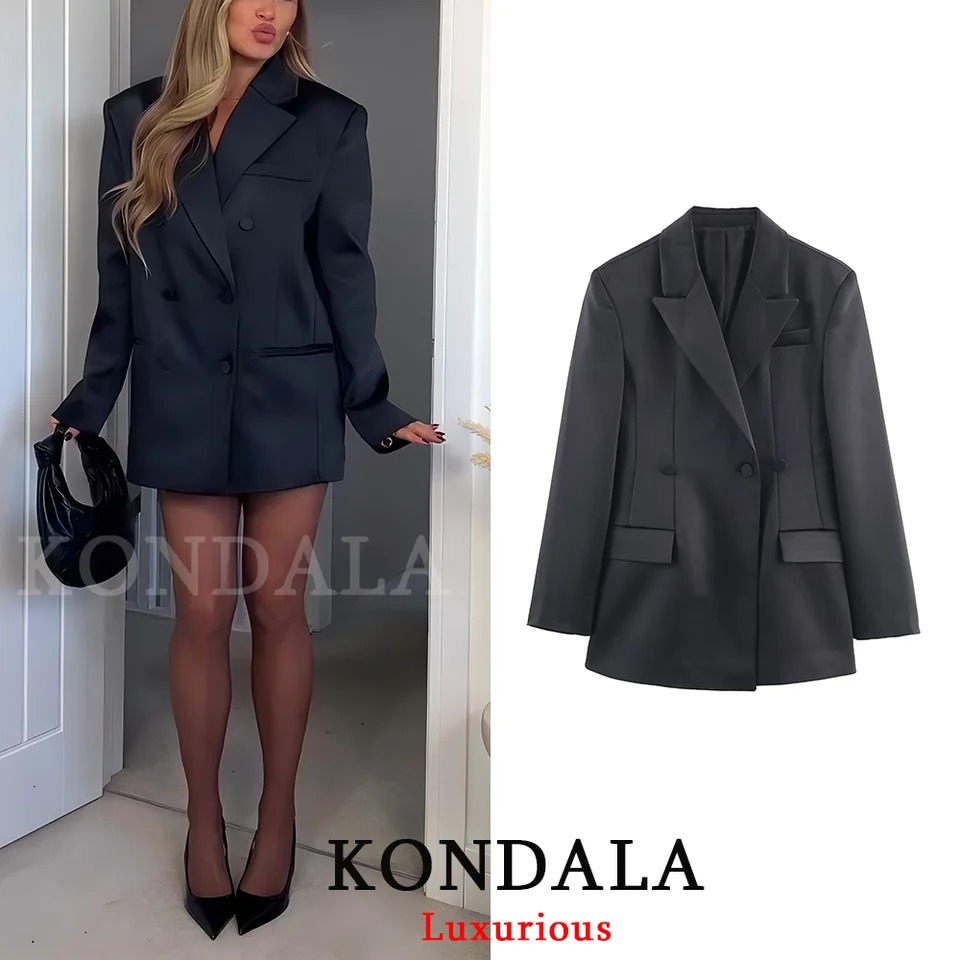 KONDALA Office Lady Chic Black Satin Blazer Women V Neck Double Buttons Pockets Fashion 2026 Spring Vintage Outwear 261015