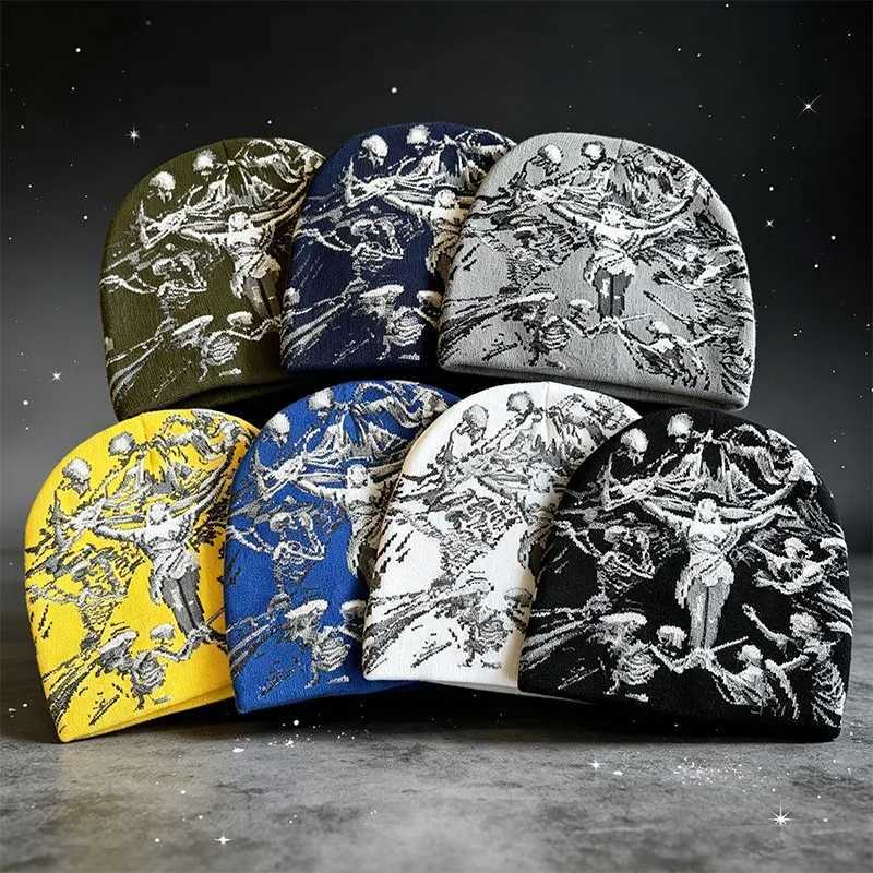 Beanie/Skull Caps Unisex Knitted Hat Vintage Skeleton Angel Jacquard Knit Beanie Gothic Streetwear Winter Skull Cap Soft Warm for Men WomenT261017