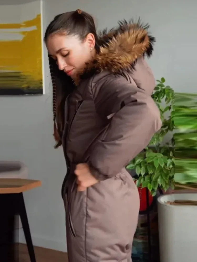 Warm Hooded Fur Splicing Ski Suit Womens Windproof Stand Collar Zipper Belted Snowboard Jumpsuit 2026 Lady Skiing Clothings 261016
