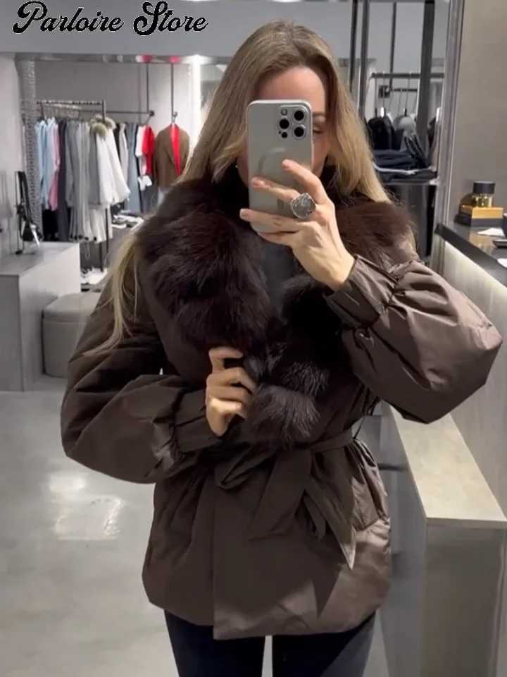 Women's Down Parkas Female Faux Fur Trim Puffer Coat Women Gathered Sleeve Belted Waist Side Pocket Slim Fit Coats 2026 Lady Elegant Winter Out
