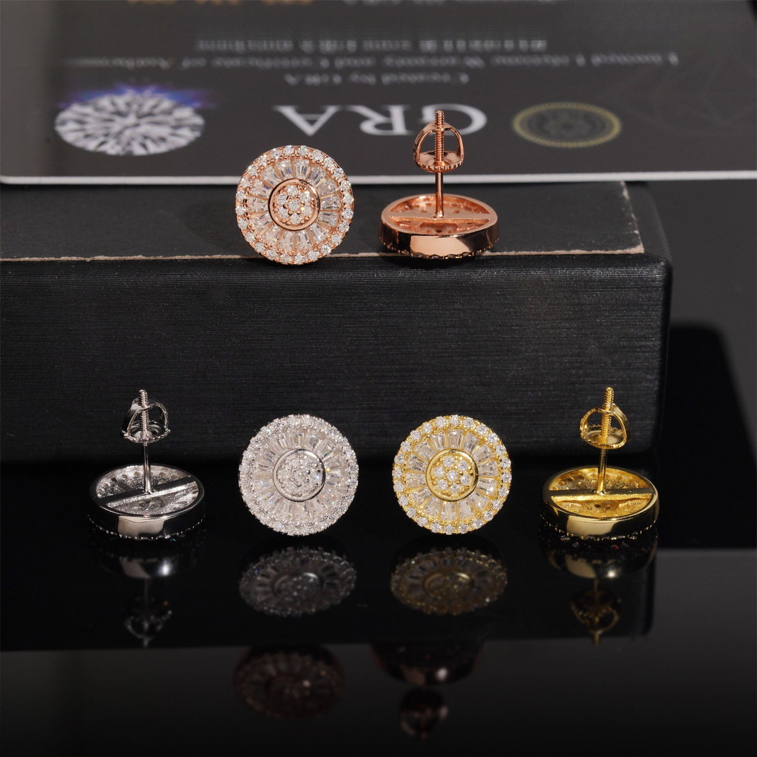 High-quality 12mm round with S925 silver inlay rectangular full diamond moissanite, passes testing, style earrings