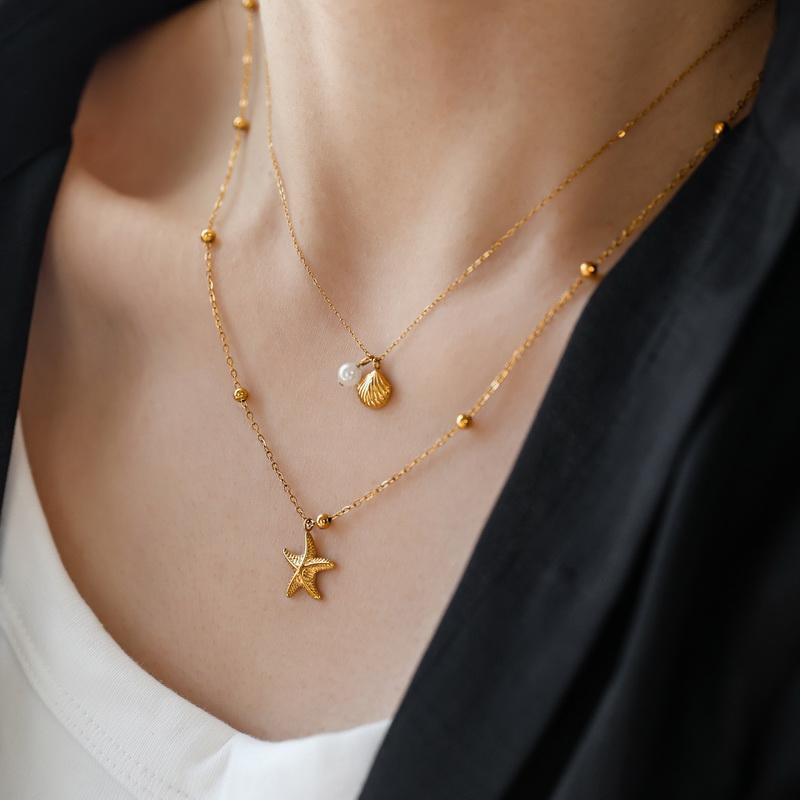 European And American Double Layer Stacked Ocean Style Shell Starfish Pearl Titanium Steel Necklace For Women Exquisite Light Luxury Collarbone Chai