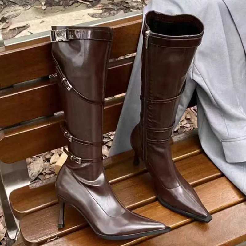 2026 Winter New Style Pointed-Toe High-Top Slim Fashion Boots For Women Brown Side Zip Below Knee Elastic Long Boots Q261015