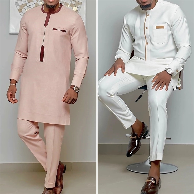 White Men's Wedding Kaunda Suits Long Sleeve Tops Pants African Ethnic Casual Traditional Clothing 2PCS Suit Kaftan Outfits Wear 260930