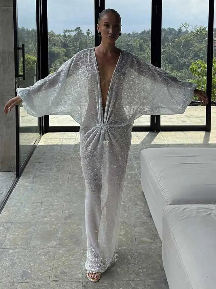 GACVGA Sexy See through Loose Maxi Dress Summer Shiny Sequins Deep V Neck Bat Sleeve Elegant Women Club Party Long Dress 261016