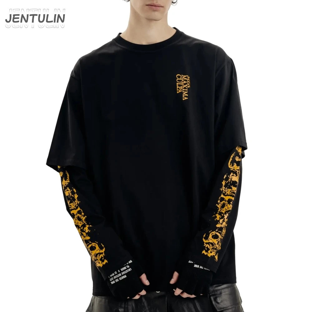 Harajuku Oversized Streetwear Men's Clothing Justice Graphic Print Hip Hop Two Pieces Tshirts Long Sleeve Tops Goth Y2k Tee 261014