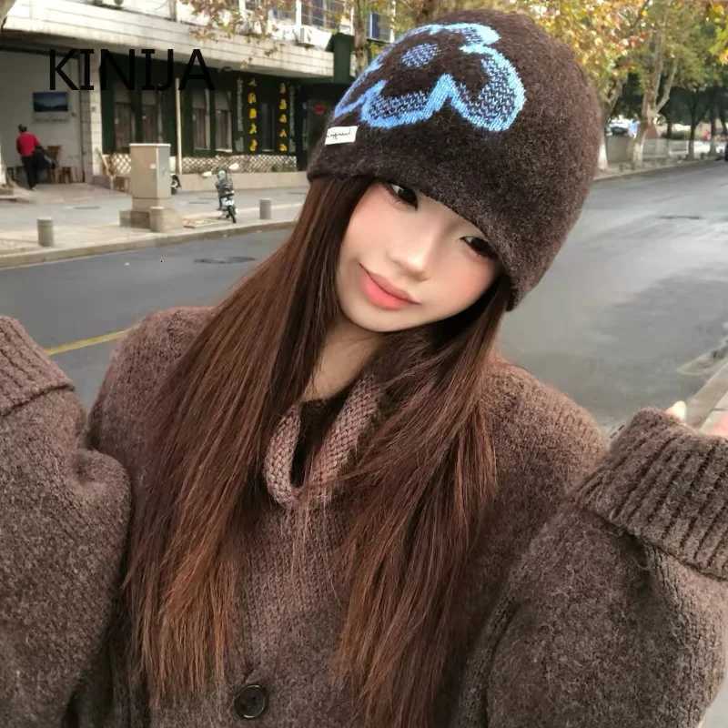 Beanie/Skull Caps Fashion Flower Print Beanie Hat Ear Protection Korean Style Knitted Hat Ear Warmer Autumn Winter Pullover Hat Girl GiftT261017