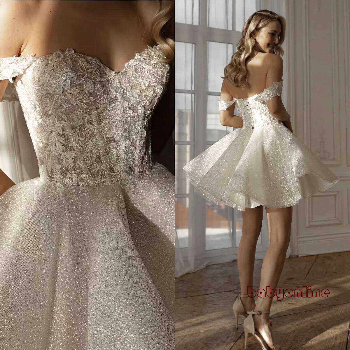 Short Glitter Sequined Wedding Dresses Appliques Off Shoulder A E Garden Bridal Gowns Ivory Mini Vestido De Novia Back Lace Up