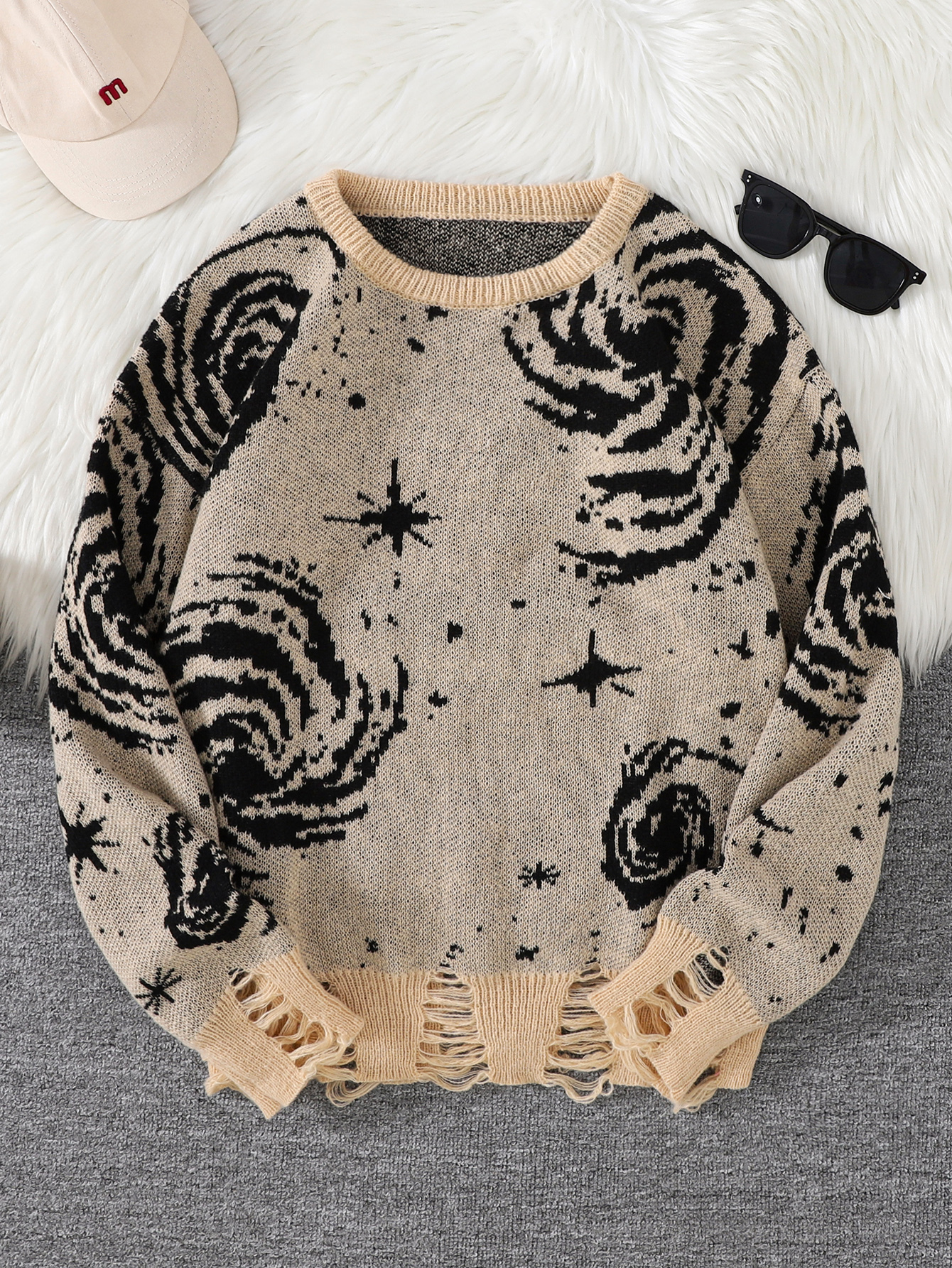 New Trendy Street Style Ripped Abstract Starry Sky Pattern Sweater Casual Round Neck Knitted Men's Pullover 26Y1017