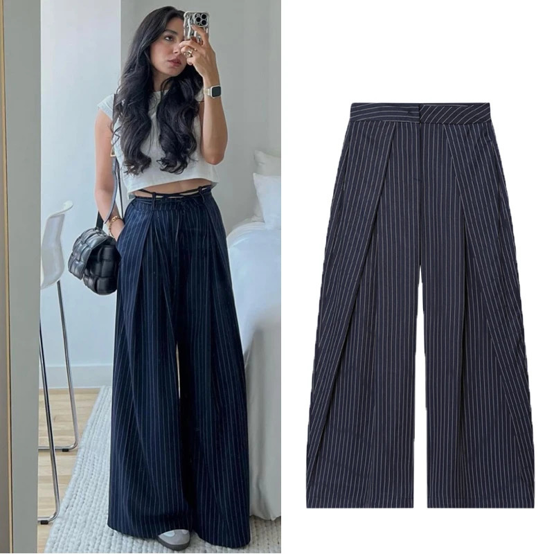 Women's Baggy Pants Woman Trousers Striped Wide Leg Pants Ladies Fashion Casual y2k Pants Autumn Elegant Pleated Long Pants 261015