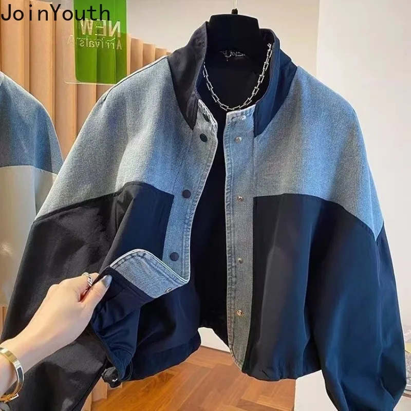 Patchwork Contrast Color Denim Coats Womens Clothing 2026 Stand Neck Singlebreasted Casual Outerwear Fashion Jackets Crop Tops 261016