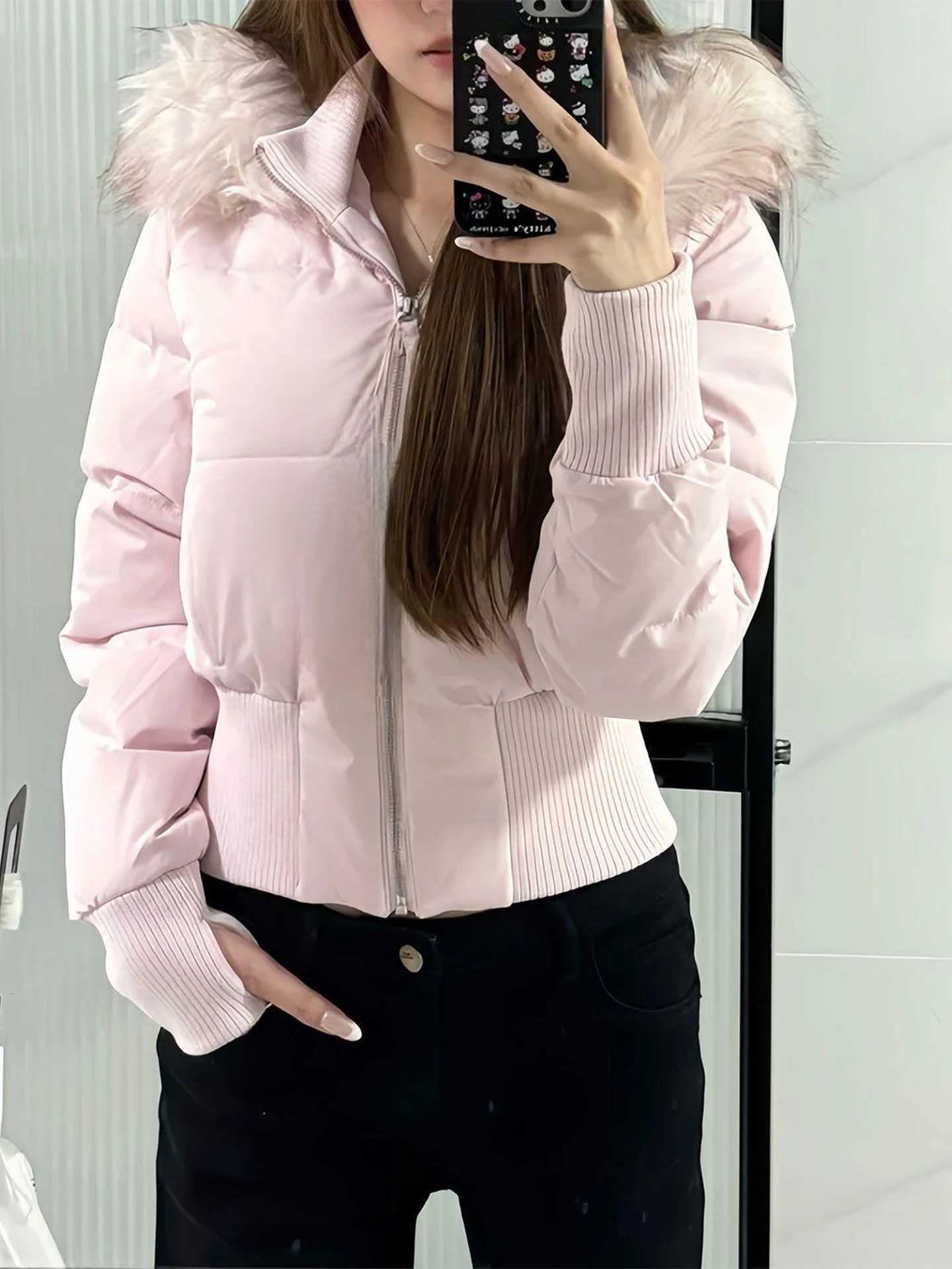 Women's Down Parkas American Short Winter Down Cotton Jaet Women's Coat Warm Fce Collar Hooded Durin Pink ZipperT261017