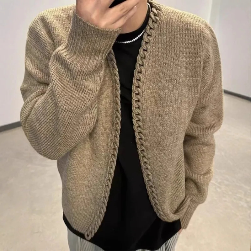 WHXR Autumn Man Knitted Sweater Streetwear Vneck Male Cardigans Retro Simple Solid Slim Long Sleeve Versatile Men Coat 261017