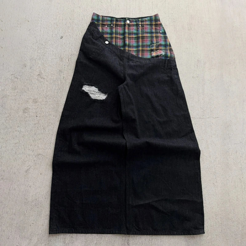 Y2k Slanted Runway Baggy Jeans Retro Plaid Patchwork Men Women Wide Leg Pants American Hip Hop Streetwear Unisex Casual 261016