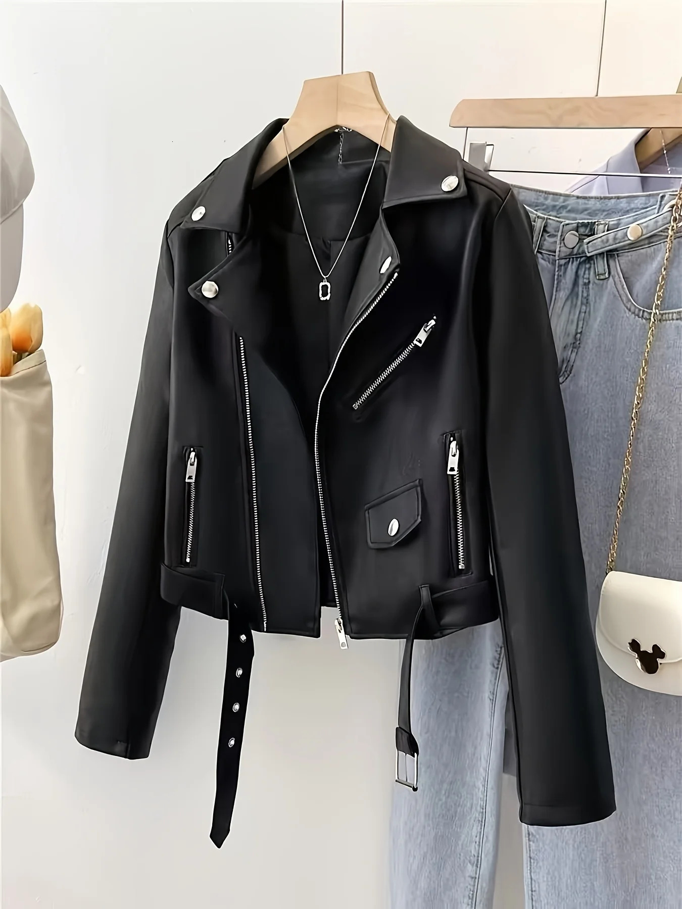 Spring and Autumn Womens Short American Retro Pu Motorcycle Leather Slim Jacket 261016