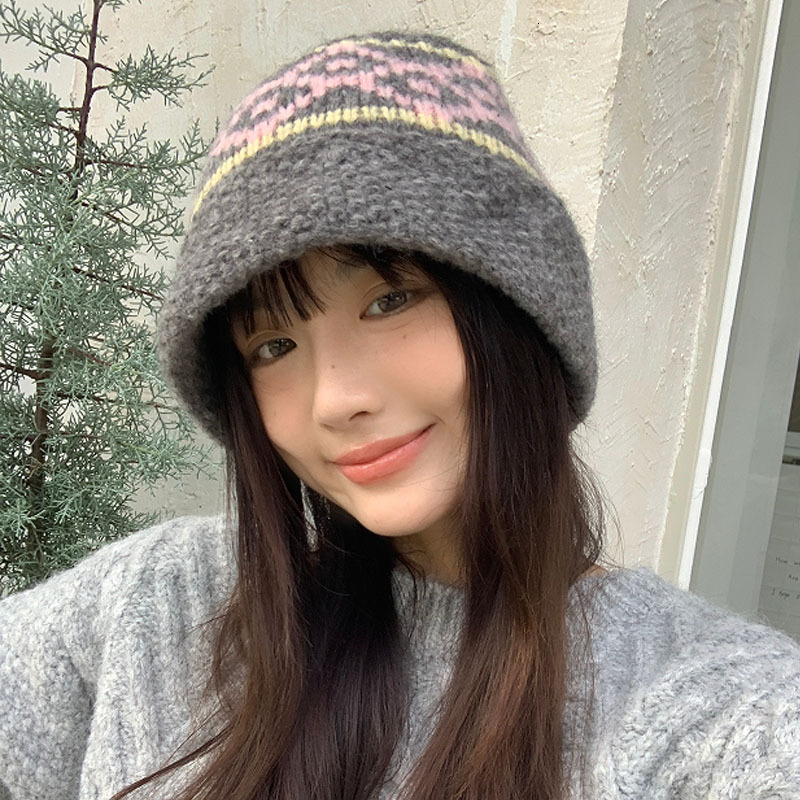 Vintage Fair Isle Jacquard Knitted for Women Autumn and Winter FaceSlimming Yarn Fisherman Hat Ethnic Style Warm Bucket Hat