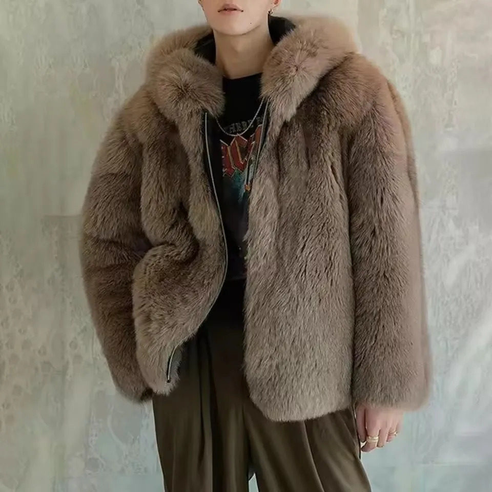 Autumn Winter Mens Fur Coat Fashion Thicken Hooded Jacket Temperament Leisure Warm Street 261008