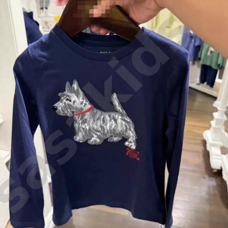 Kids Crew Neck Long Sleeve T Shirt Cotton Cartoon Schnauzer Dog Embroidery Top Boys Girls Casual Basic Undershirt for Spring Autumn Winter Height 80