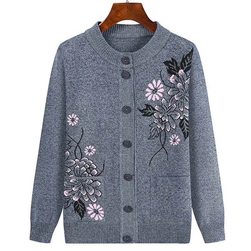 Grandma Embroidered Knit Cardigan Jacket Autumn Winter Loose O Neck Long Sleeve Pocket Sweater Coat Casual Female Outwear Tops 261015