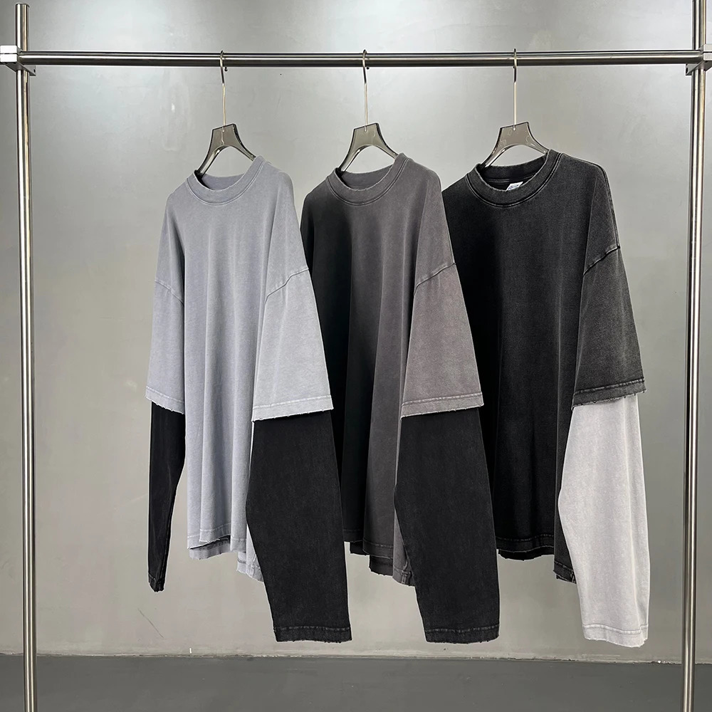 Distressed Retro Long Sleeve Men's T-shirt High Quality Oversized Women Cotton T Shirt Couples Dress Streetwear In Tops Tees 261013