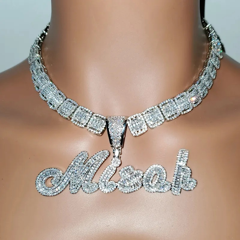 Custom Brush Cursive Iced Out Letter Pendant Name Necklace Baguettes Chain Micro Paved CZ Personalized Hiphop Jewelry