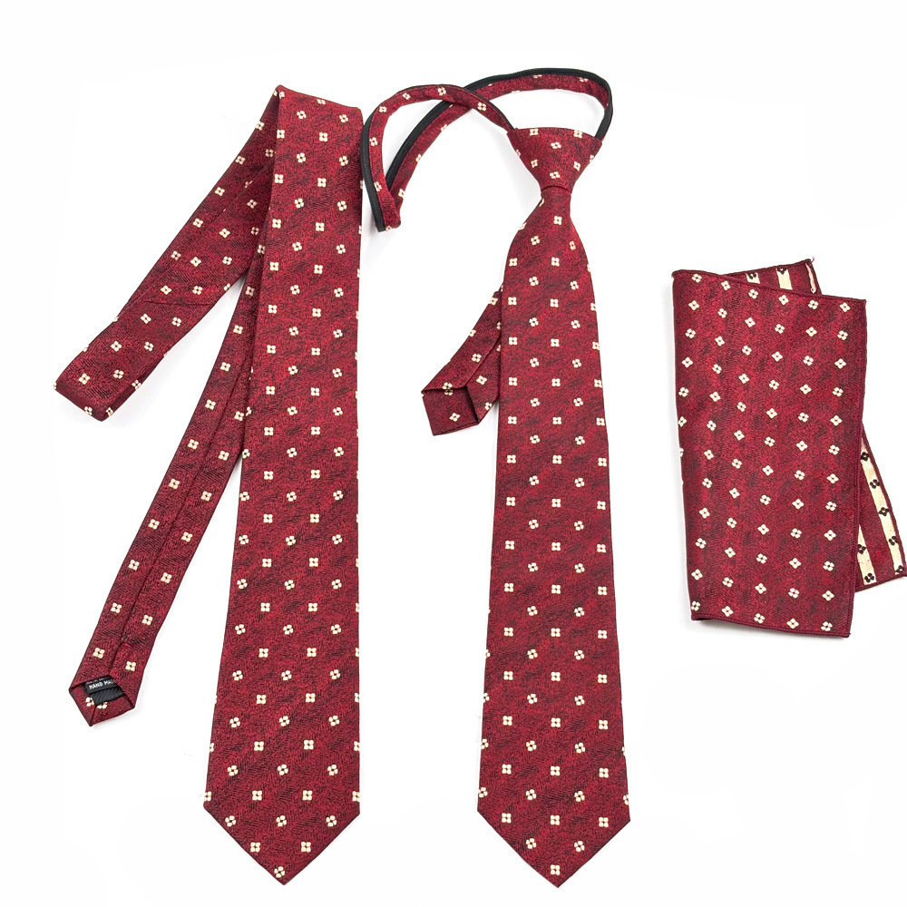 Vintage wine-red, dark-patterned, gold four-leaf clover jacquard polyester hand-tied tie, men's zippered, no-tie business square scarf set