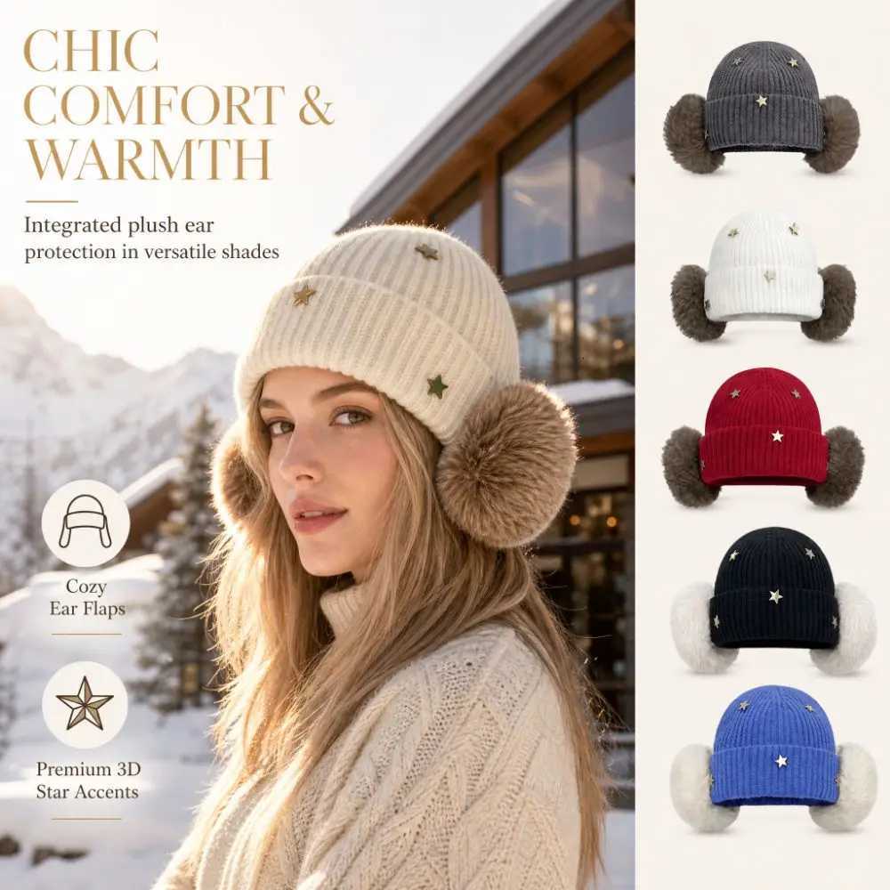 Beanie/Skull Caps Fashionable Windproof Star Knitted Beanie Hat Knit Warmth Women Warm Beanie Cuffed Design Korean Style Ski Beanie Cap Winter Q2610