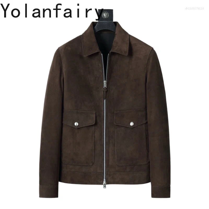 Luxury Real Sheepskin Suede Men Leather Jacket High Quality Slim-fit Genuine Coat Casual Lapel Veste Homme