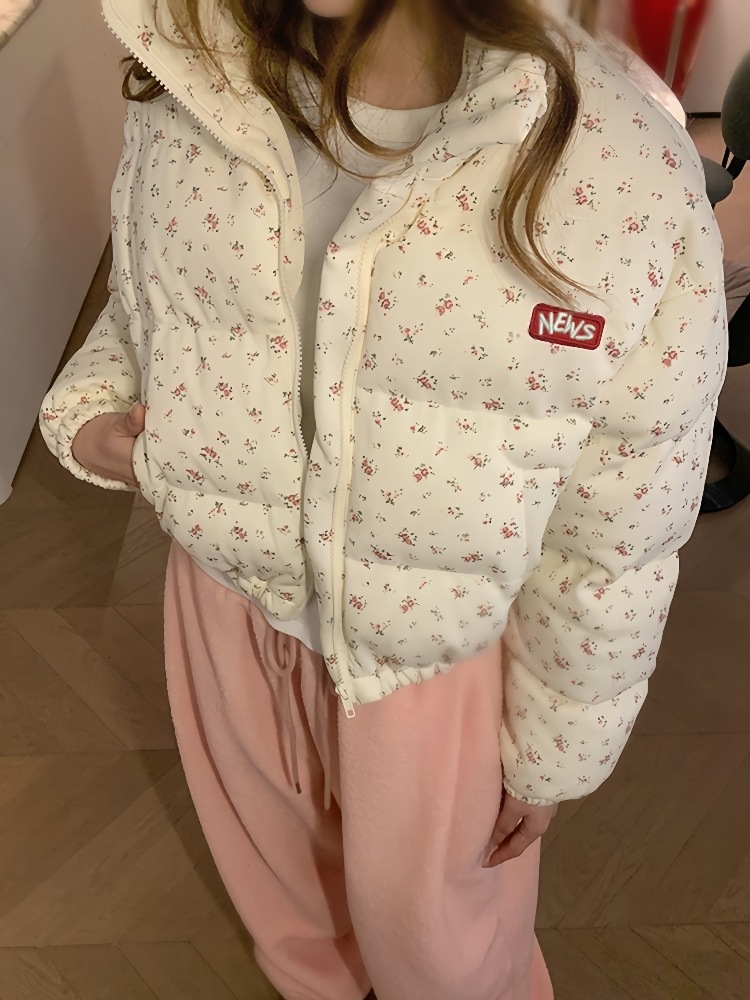 Designer 2026 new women's winter cotton jacket, sweet floral print, short style, Korean loose fit, thickened for warmth, versatile outerwear