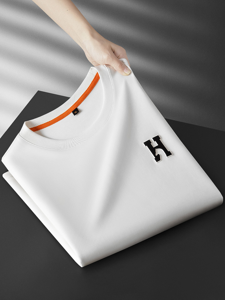 Summer Lightweight Tencel Skin-Friendly Round-Neck Men's Short-Sleeve T-Shirt With Simple Designer Fashion Heat-Printed Embroidery, Trendy And
