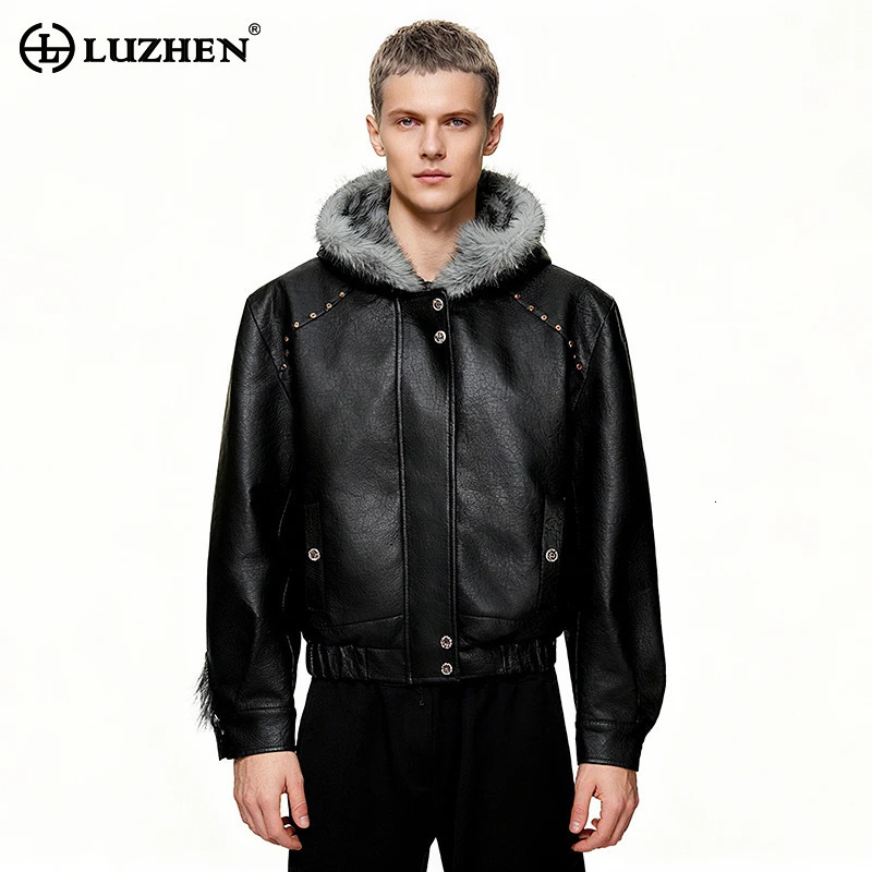 LUZHEN Fur 2026 Winter New Fashion High Quality Faux Liner Hooded Leather Jacket Men's Handsome Patchwork Decorate Parka