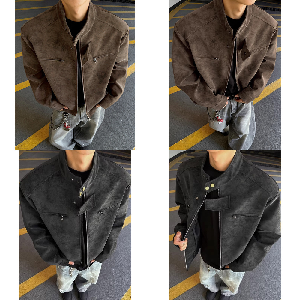 Fashionable retro baseball jacket for spring and autumn, men's stand-up collar jacket, tie-dye leather jacket, American style
