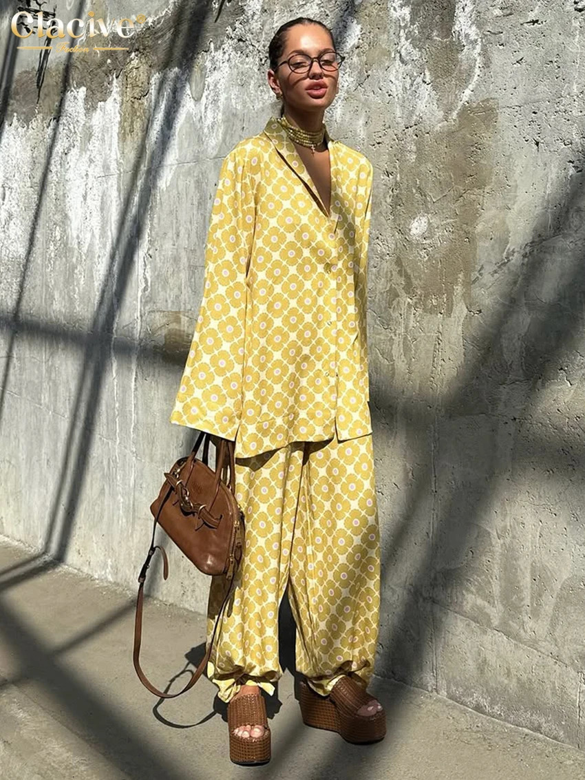 Clacive Fashion Loose Print Women's Two Pieces Set Elegant Long Sleeve Blouse With High Waist Wide Pants Set Female Streetwear 261015