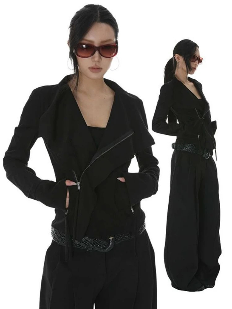 Vintage Turn Down Collar Cropped Jackets Women Harajuku Punk Slim Fit Coat Streetwear Pocket Zipper Y2k Aesthetic Grunge Outwear 261016