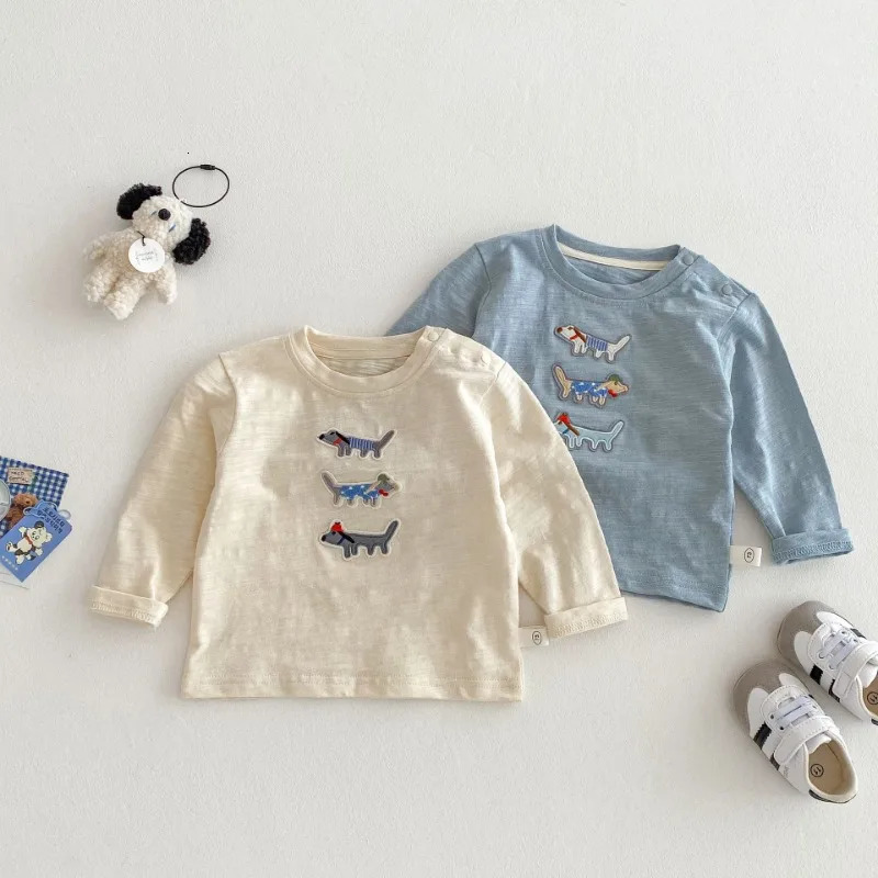 Stylish Childrens Pure Cotton T-shirts 2025 Spring Autumn Boys Cartoon Embroidery Bottom Tee Cute Baby Girls Long Sleeve Tops261016