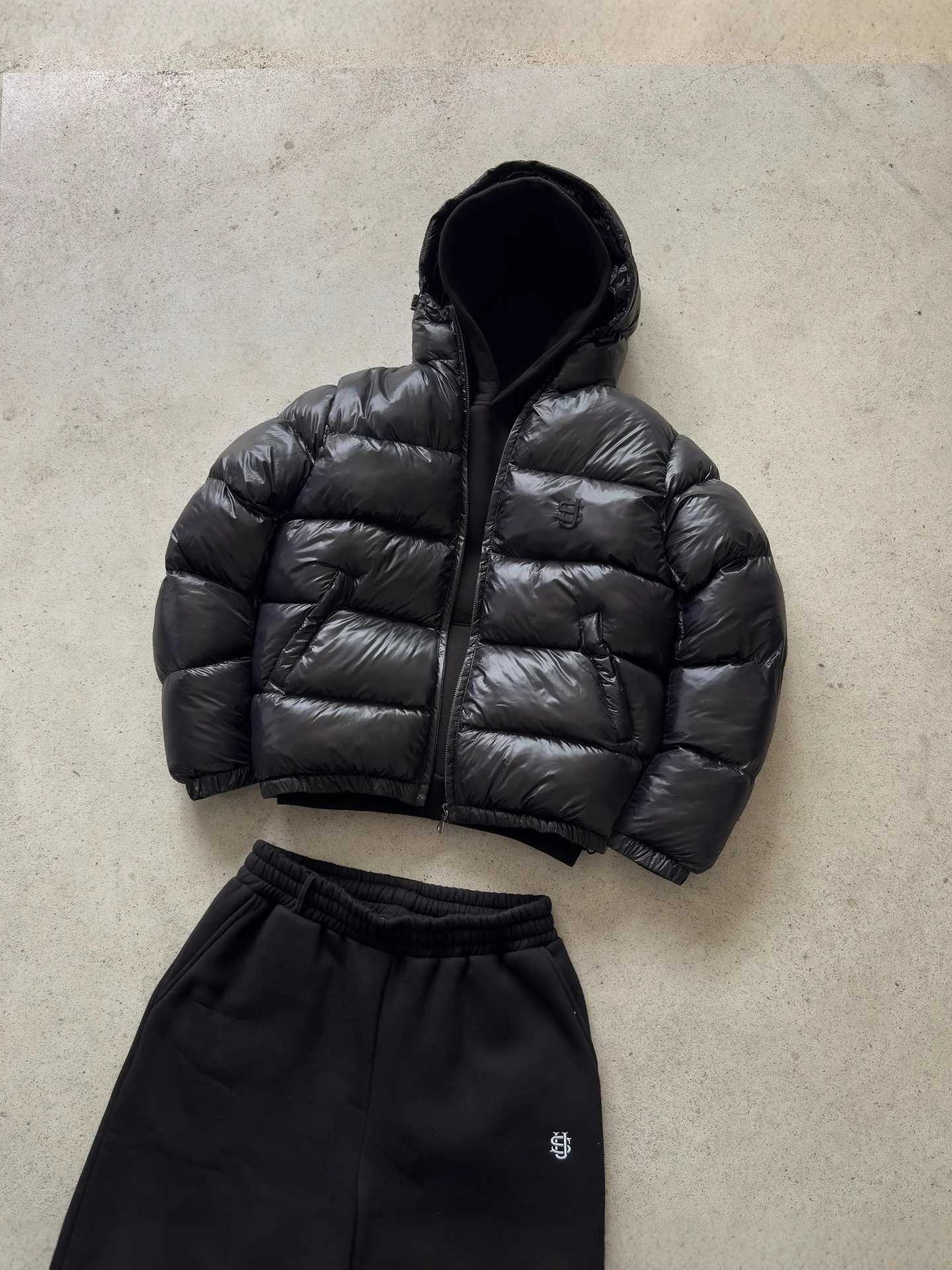 Women's Down Parkas Y2K Baddie Women Short Glossy Black Puffer Coat Small Embroidery Hooded Cropped Bubble Jacket Warm Street Winter OuterwearT