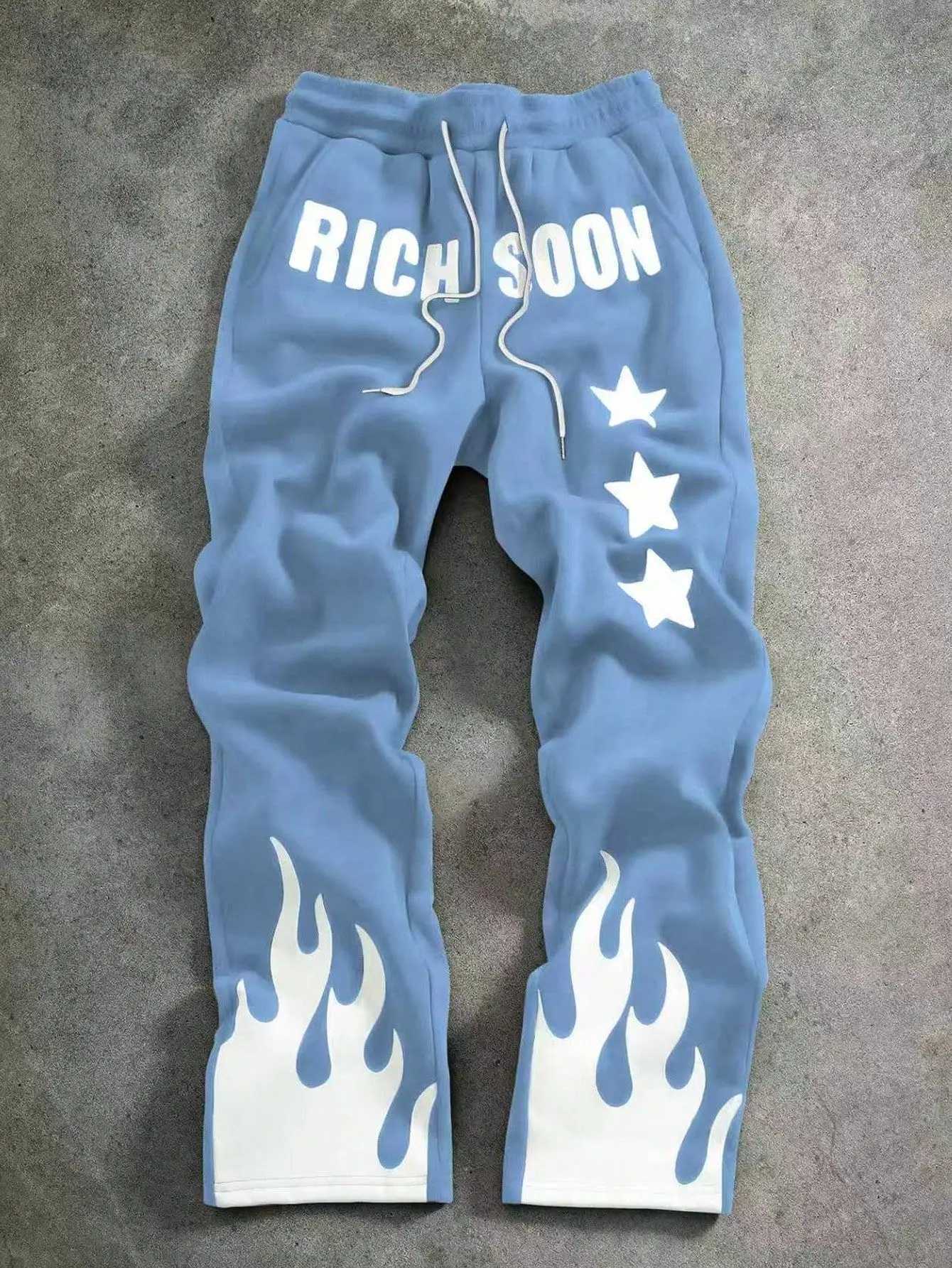 Y2K Hip Hop Straight Casual Pants Unisex Summer Loose Wide Leg Trousers Flame Star Letter Graphic Elastic Street Sweatpants S261016FRHC